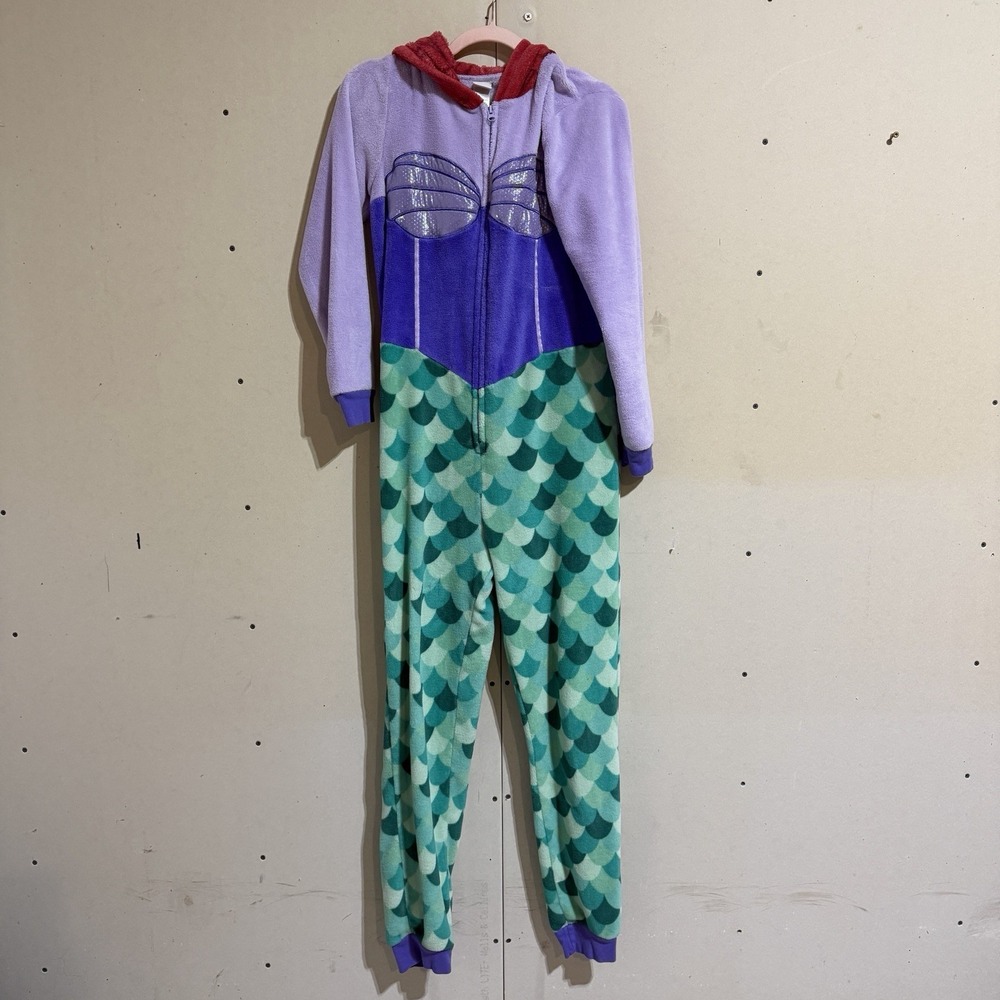 Disney Ariel The Little Mermaid Fleece One Piece Hooded Pajamas Girls Sz M 8-10